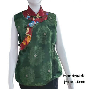 Handmade Tibetan | Women's Silk Vest | Green Damask Red Trim | Small
